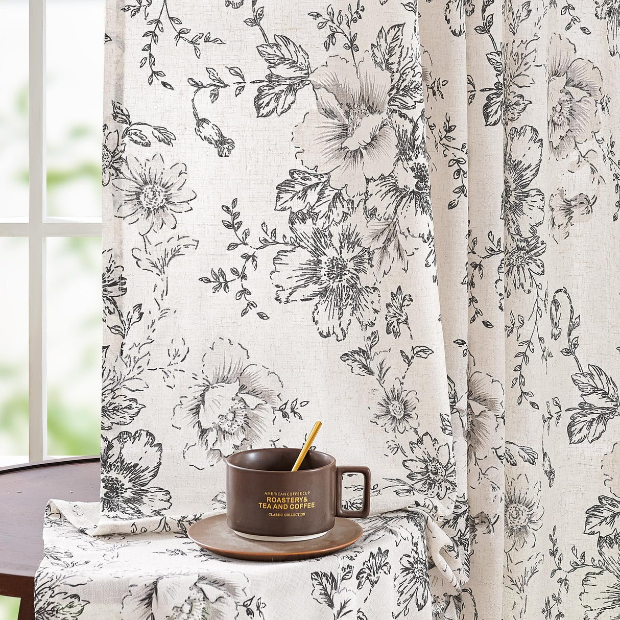 jinchan Linen Blend Curtain Floral Curtains for Living Room 84 Inch Length Black Printed Curtain Rod Pocket Back Tab Farmhouse Peony Flower Patterned Drapes Bedroom Window Curtains Set 2 Panels jinchan