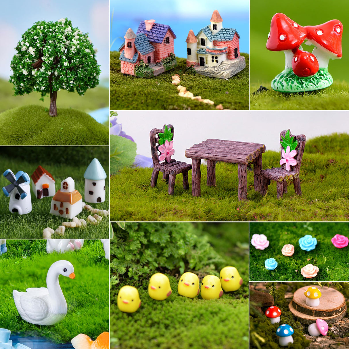 67PCS Cute Fairy Garden Accessories Miniature Figurines Mini Resin Animals Flower Tree House Bridge Mini Figurines Micro Landscape Decoration Fairy Garden Potted Plant Terrarium Decor Outdoor RFSRZ