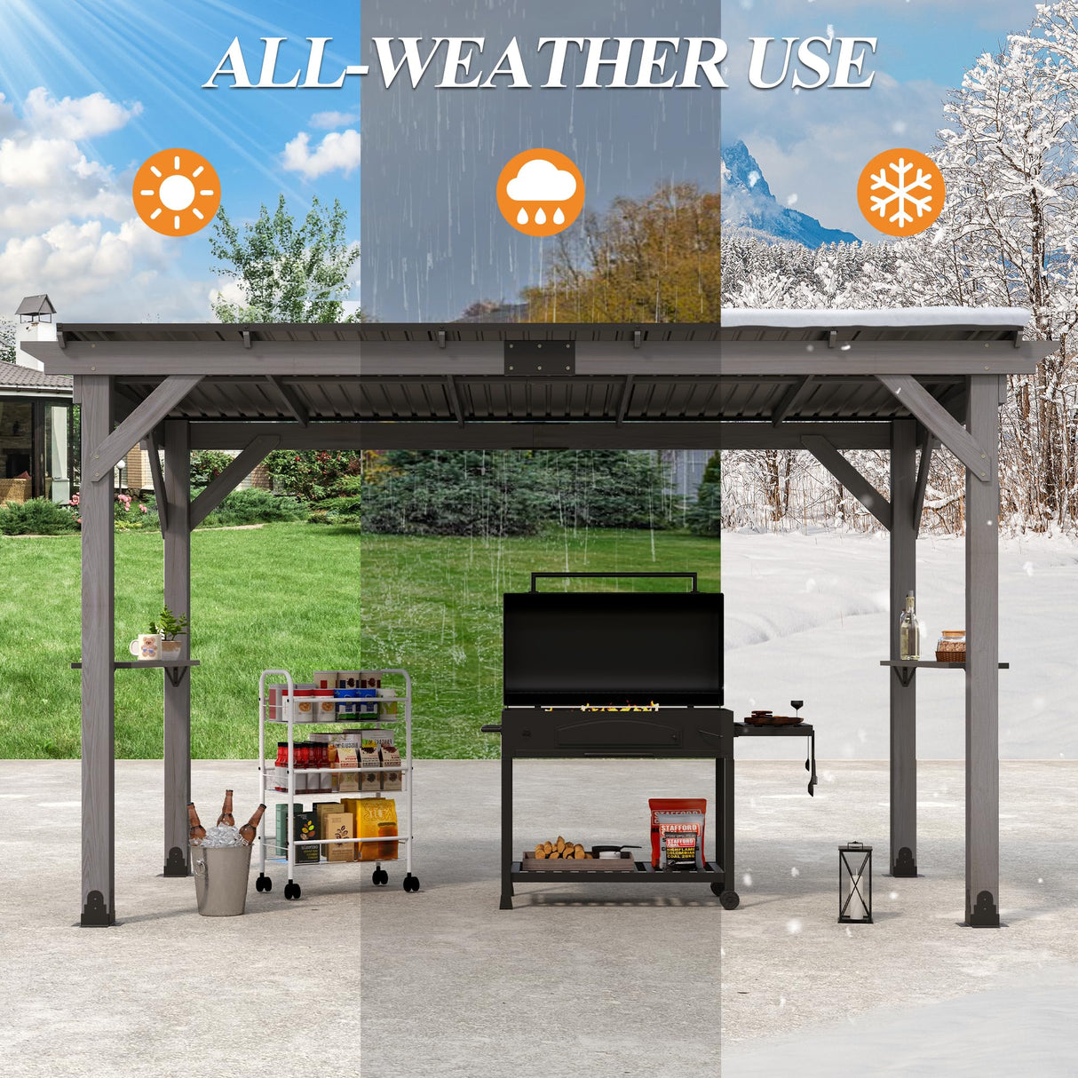 GARTOO 12.5'x6.5' Outdoor Grill Gazebo - Hardtop Cedar Wood Gazebo with 2 Side Shelves and Galvanized Steel Roof, Patio Wooden BBQ Pergola for Garden, Porch and Backyard GARTOO