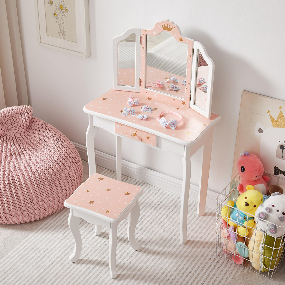 Nromant Kids Vanity Table and Chair Set, Girls Vanity Set with Stool, Tri-Folding Mirror, Makeup Dressing Princess Table with Drawer for Little Girls Nromant