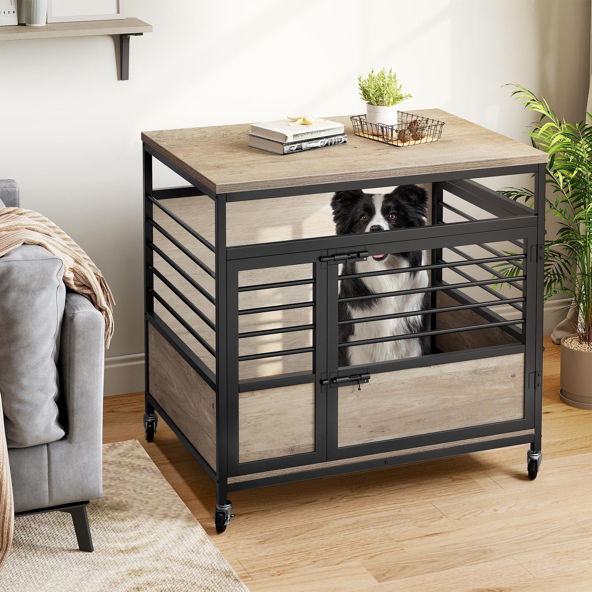 DWVO Dog Crate Furniture, 32 Inch Dog Kennel Indoor Furniture End Table Dog Crate for Dogs, Modern Decorative Dog Crate Wooden Dog Crate Furniture with Wheels, Chew-Resistant, Grey - WoodArtSupply