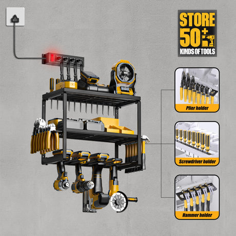 Amoowis Power Tool Organizer with 4 Cordless Drill Holder Wall Mount, Garage Organization with Charging Station, Heavy Duty Shelving Tool Rack for Tool Battery/Workshop/Pegboard/Shed, Men's Gift Amoowis