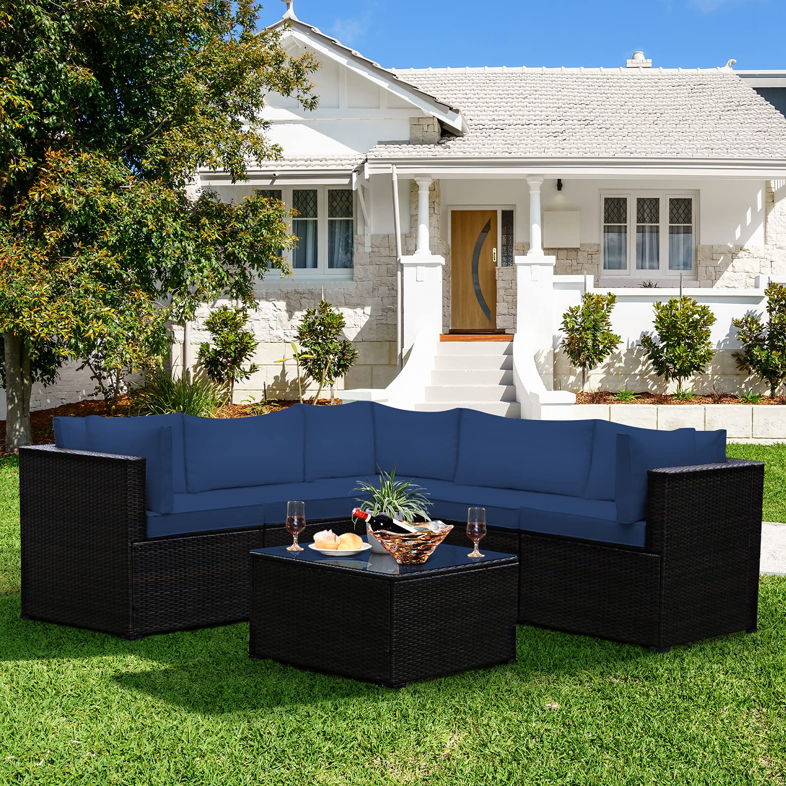 Tangkula 6 Pieces Patio Furniture Set, Outdoor Rattan Sofa Set, Wicker Conversation Set w/Tempered Glass Coffee Table & Cushions, Sectional Sofa Set for Backyard, Garden, Balcony, Poolside - WoodArtSupply