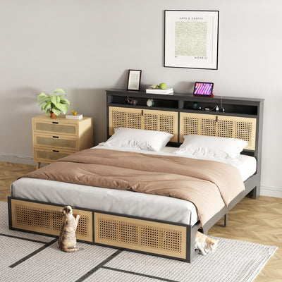 affeivul Boho Bed Frame Queen Size with Headboard, Rattan Bed Frame with Led Lights, Farmhouse Bed Frame with Storage, Charging Station and Cat Cabinet, NO Box Spring Needed, Metal and Wood Combine
