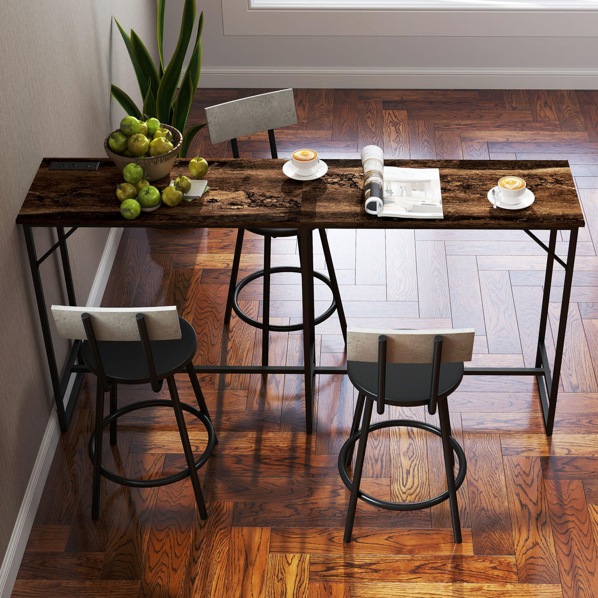 HOMCOM 70" Long Counter Height Table with Charging Station, Industrial Style Rectangular Bar Table with Steel Frame for Dining Room, Kitchen, Rustic Brown HOMCOM