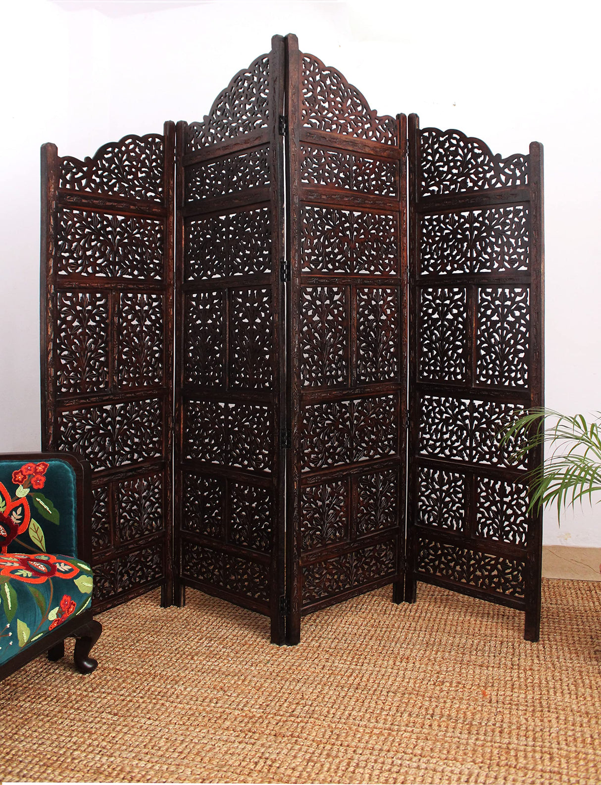 Room Divider Wood Screen - Mahanadi Antique Brown - 4 Panel Folding 72x80 - Wooden Hand Carved Screen Decorative Functional Versatile - Small Spaces Reversible Privacy Partition - COTTON CRAFT COTTON CRAFT
