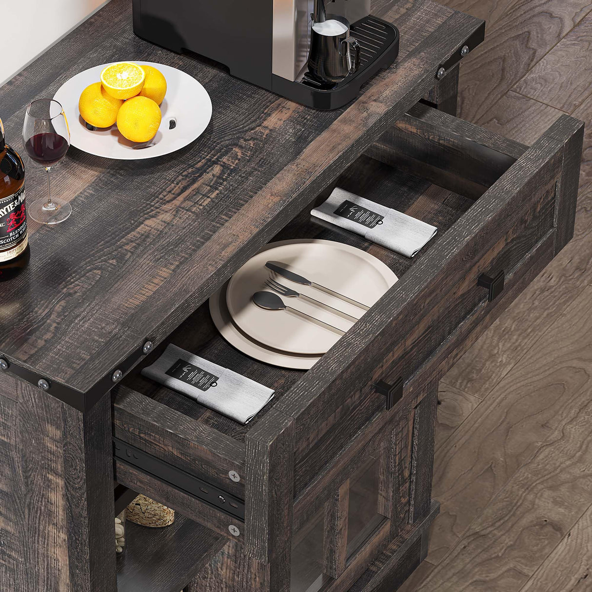 DWVO Farmhouse Coffee Bar Cabinet, 32” Sideboard Buffet Cabinet with Drawer & Adjustable Storage Shelves, Storage Cabinet with Sliding Barn Door for Kitchen and Living Room, Dark Rustic Oak DWVO