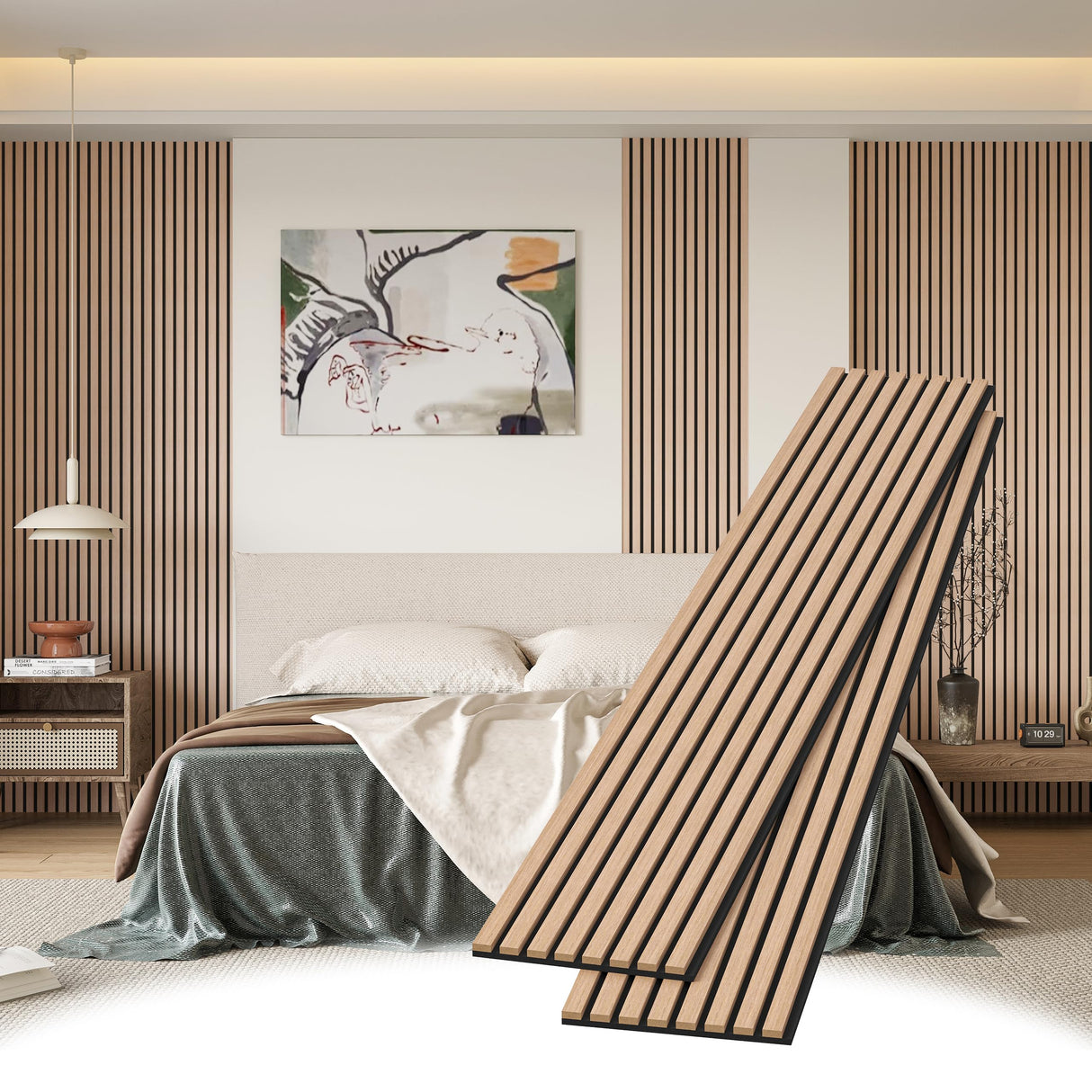 POHARE Wood Slat Wall Panels, 2 Pack 8 x 1 ft Decorative Wood Panels for Wall,Stylish Wall Panels for Interior Wall Decor, Modern Acoustic Wood Wall Panels with Felt Backing, Oak POHARE