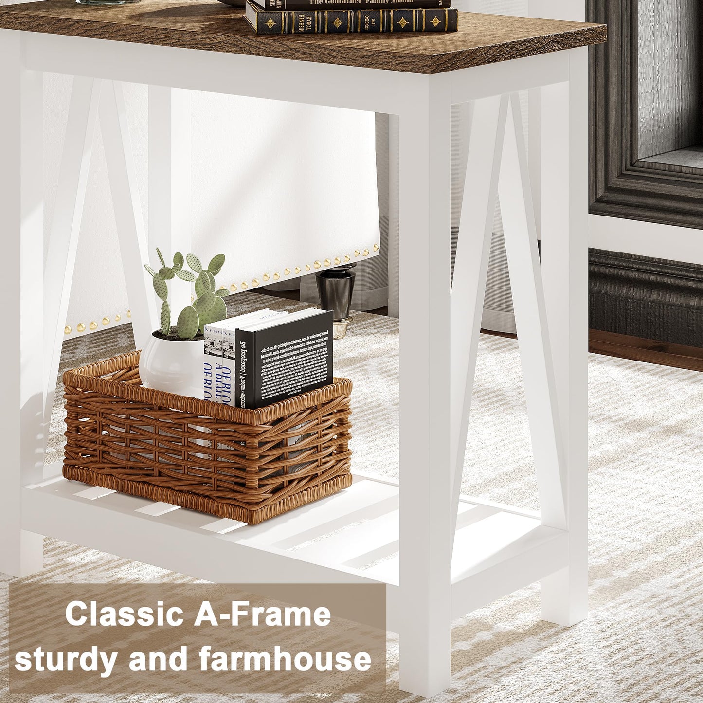 ChooChoo Farmhouse End Table Set of 2, Rustic Vintage Narrow End Side Table with Storage Shelf for Small Spaces, Nightstand Sofa Table for Living Room, Bedroom White