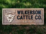 Personalized Wood Farmhouse Sign Highland Cattle Wooden Farmhouse Decor Cow Custom Carved Farm Sign Wall Family Name Sign Couple Established 3D Woodworker