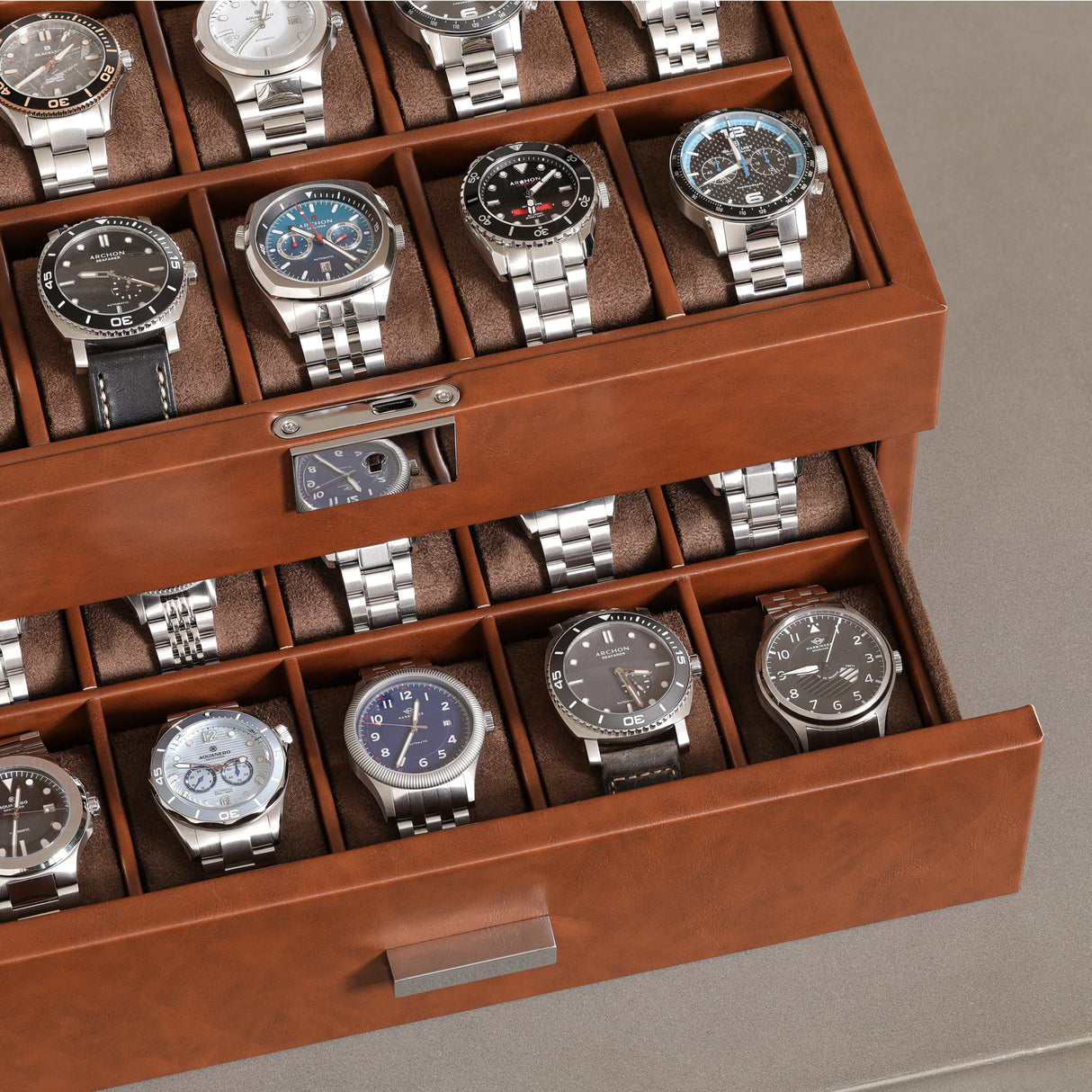 ROTHWELL 20 Slot Leather Watch box - Luxury Case Display Jewelry Organizer, Locking Display Case Holder with Large Real Glass Top - Watch Box Organizer for Men and Women (Tan/Brown) ROTHWELL