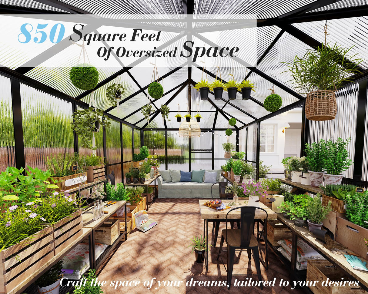 Jocisland 14x9.5x9 FT Polycarbonate Greenhouse- 6 FT Wall Height Outdoor Aluminum Greenhouses with 2 Ventilation and Rain Gutter, Double Doors with Hook, Walk-in Greenhouse for Backyard Garden Jocisland