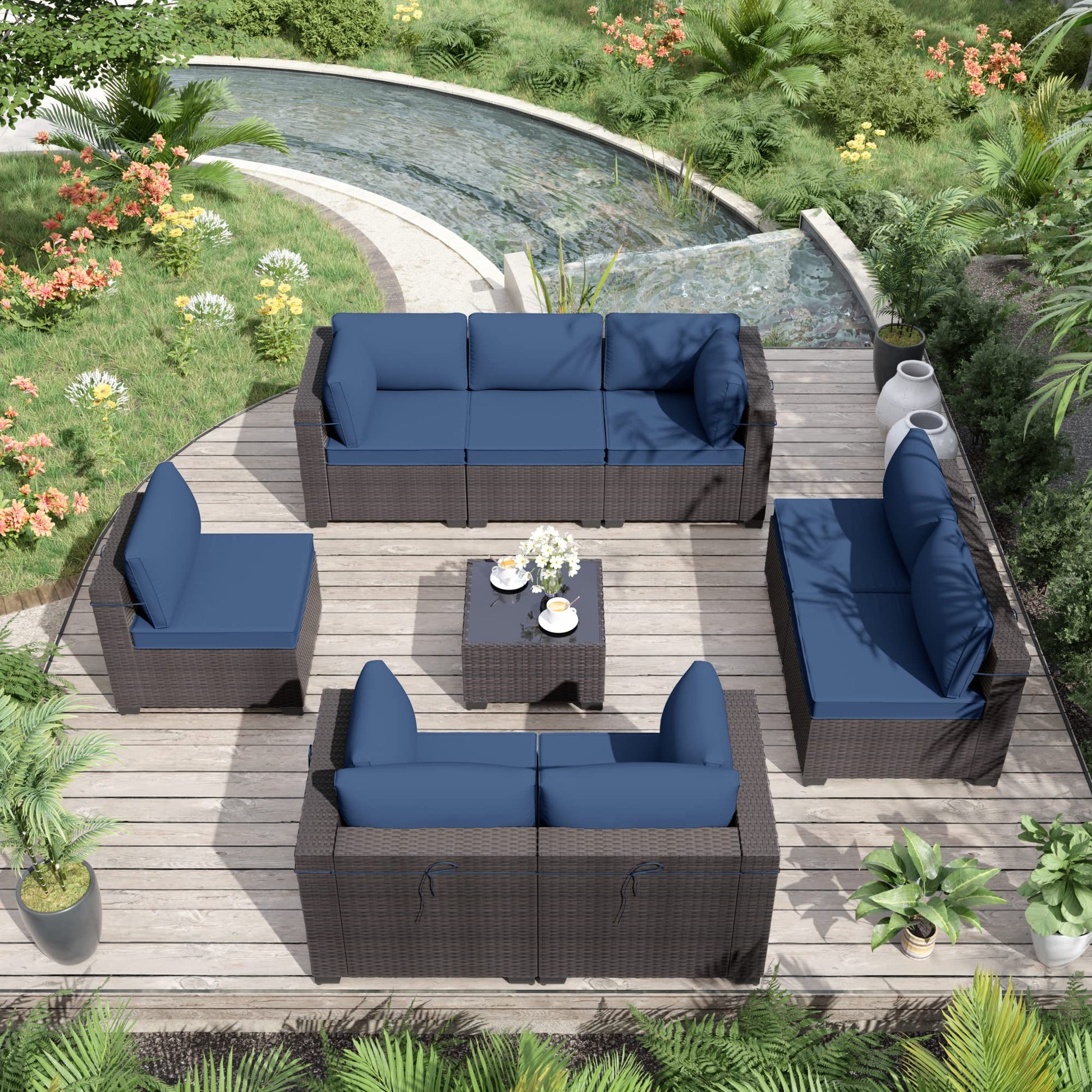 ALAULM 9 Pieces Outdoor Patio Furniture Set Sectional Sofa Sets Brown PE Rattan Patio Conversation Set w/8 Dark Blue Seat Cushions and 1 Coffee Table - WoodArtSupply