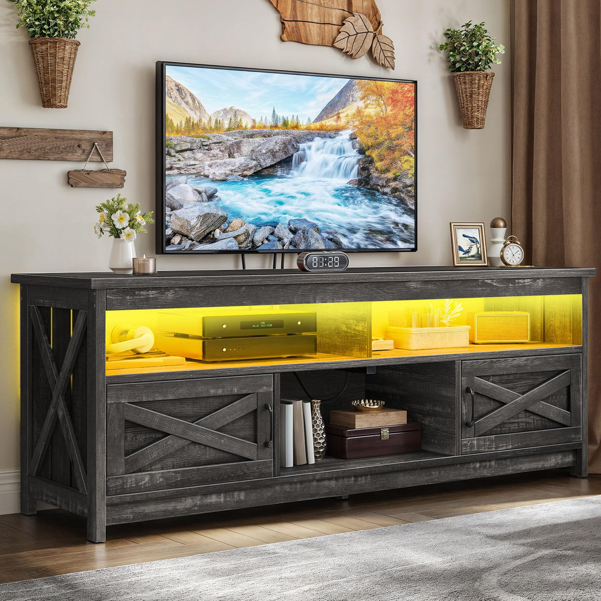 YITAHOME Farmhouse TV Stand for 65/55 Inch Television, LED Entertainment Center Television Stand with Power Outlets and Open Shelf, Media Console TV Cabinet for Living Room, Dark Grey YITAHOME