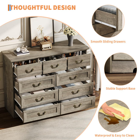 Dresser for Bedroom with 9 Drawers, 47" Wide Vintage Chest of Drawers with Metal Handle & Natural Texture, Wood Dresser for Closet with Two Different Drawer Sizes for Living Room, Hallway, Grey Garvee