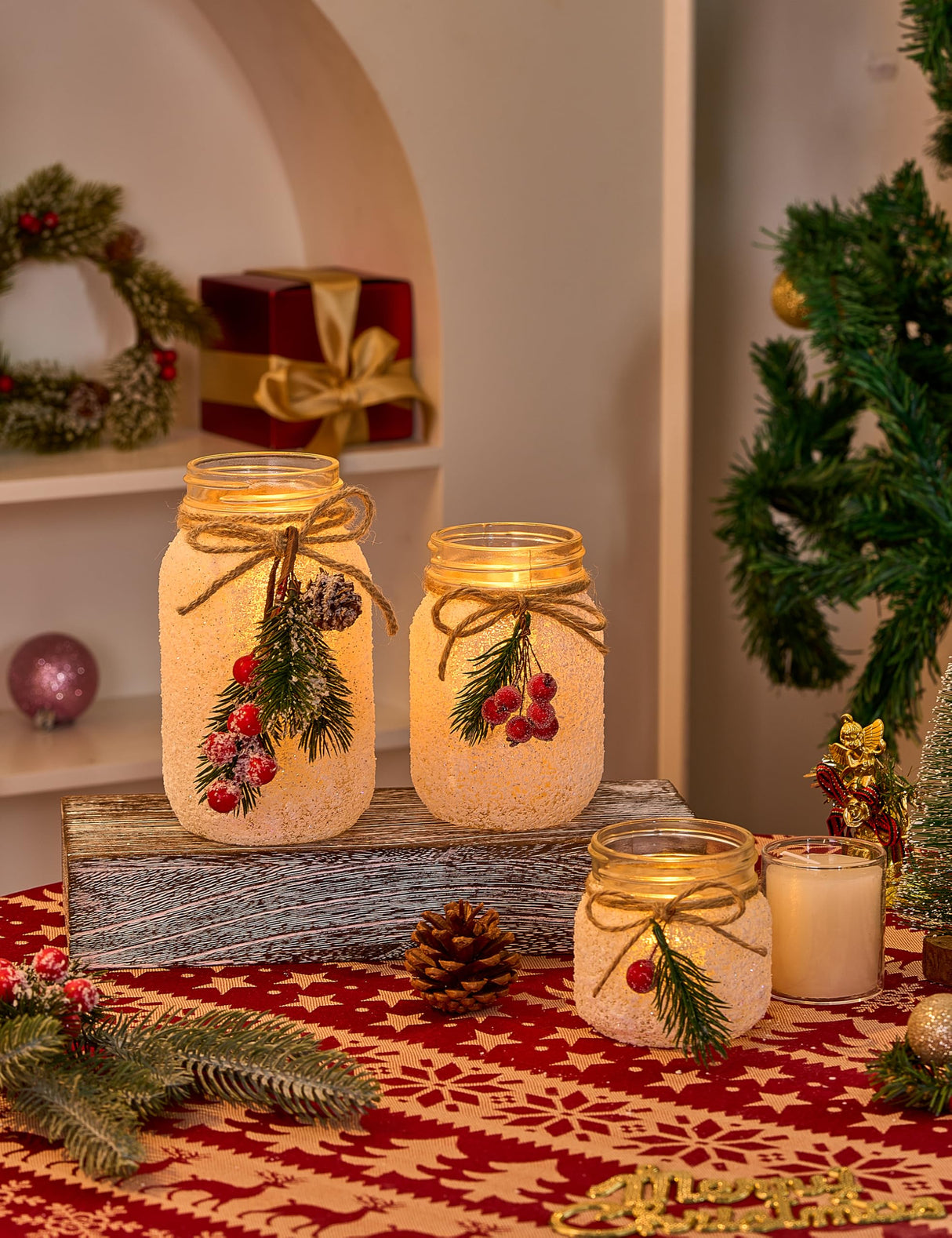 KIVIVO Christmas Centerpieces for Tables, Table Decor with Mason Jar, Flowers, Christmas Winter Table Decorations Centerpieces, Xmas Holiday Center pieces for Tables, Kitchen, Room, Dining Decor KIVIVO