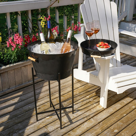Twine Black Beverage Tub with Collapsible Stand, Large Metal Bucket and Tray, Ice Drink Buckets with Acacia Wood Handles for Parties, 3-Piece Set Twine