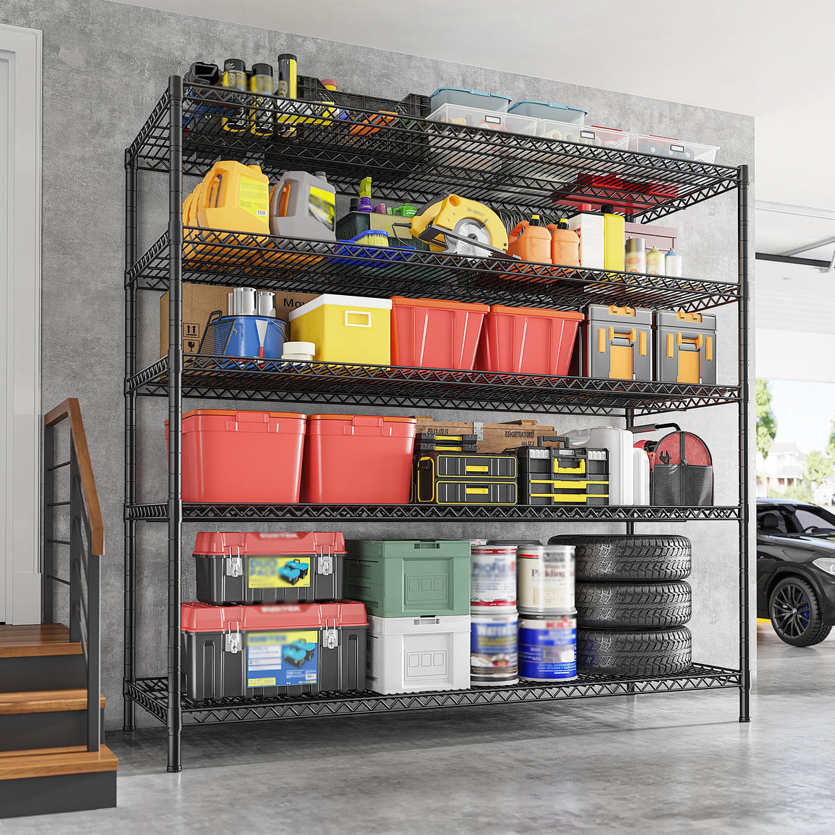 REIBII 55.5" W Storage Shelves 3200LBS Metal Shelving 5 Tier Wire Shelving Unit Garage Shelving Heavy Duty Metal Shelves for Storage Rack Commercial Adjustable Pantry Shelf, 55.5" W X 18''D X 71" H REIBII