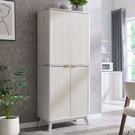 T4TREAM 72" Tall Fluted Pantry Cabinet with Faux Marble Top, Adjustable Shelves & Door Racks, Curved Profile Design, Spacious Dual-Zone Wood Organizer for Kitchen, Living Room, Solid White T4TREAM