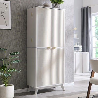 T4TREAM 72" Tall Fluted Pantry Cabinet with Faux Marble Top, Adjustable Shelves & Door Racks, Curved Profile Design, Spacious Dual-Zone Wood Organizer for Kitchen, Living Room, Solid White