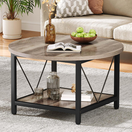 DWVO Round Coffee Tables for Living Room, Small 2 Tier Circle Coffee Table with Storage Open Shelf, Rustic Wooden Coffee Tables with Metal Frame Farmhouse Round Coffee Table for Home Office, Grey Wash DWVO