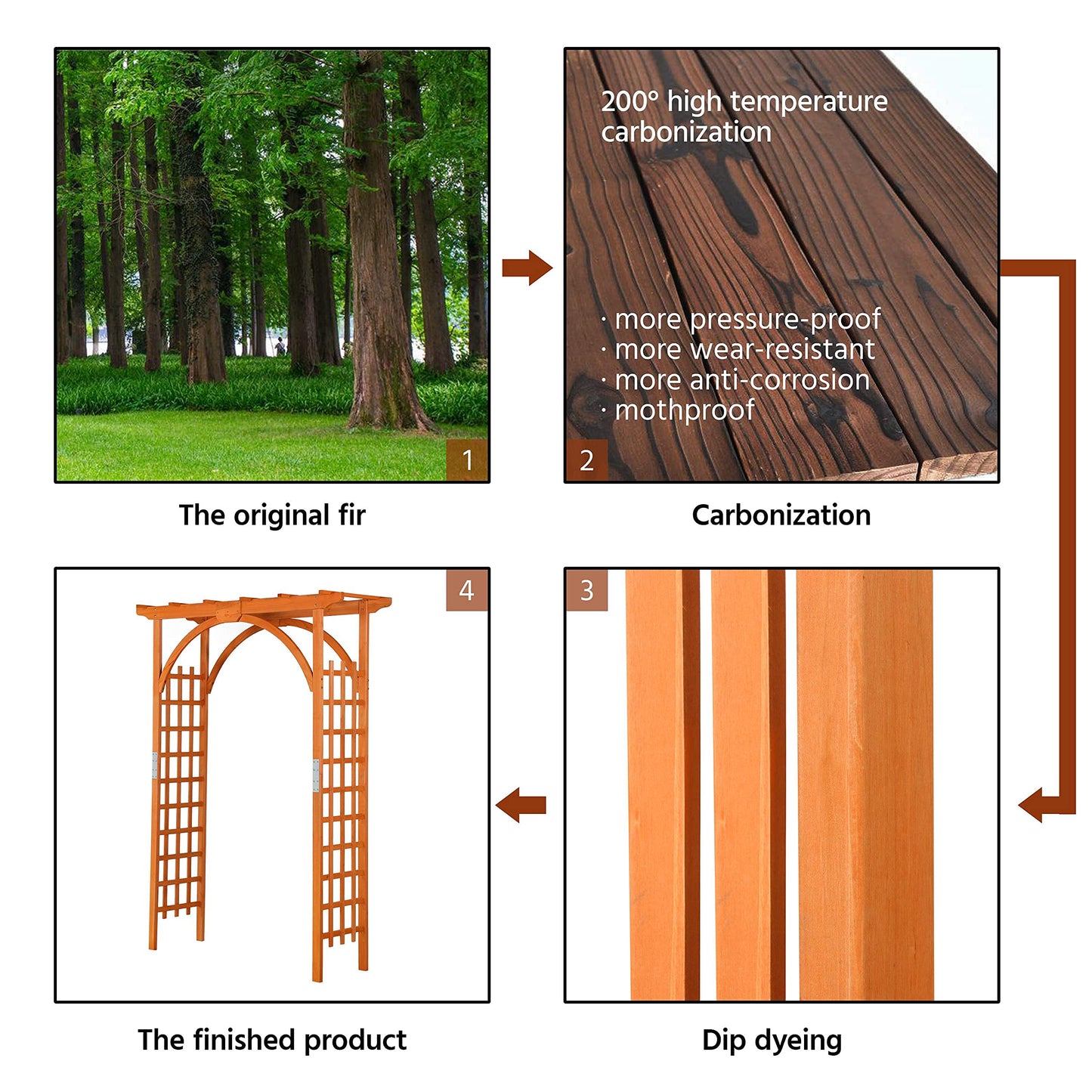 Topeakmart Wood Arbor Arch Trellis Climbing Plant Wedding Garden Patio Bridal Party Decoration Arbor Wood & Iron Outdoor Square Top 63 x 24 x 85in Natural Wood