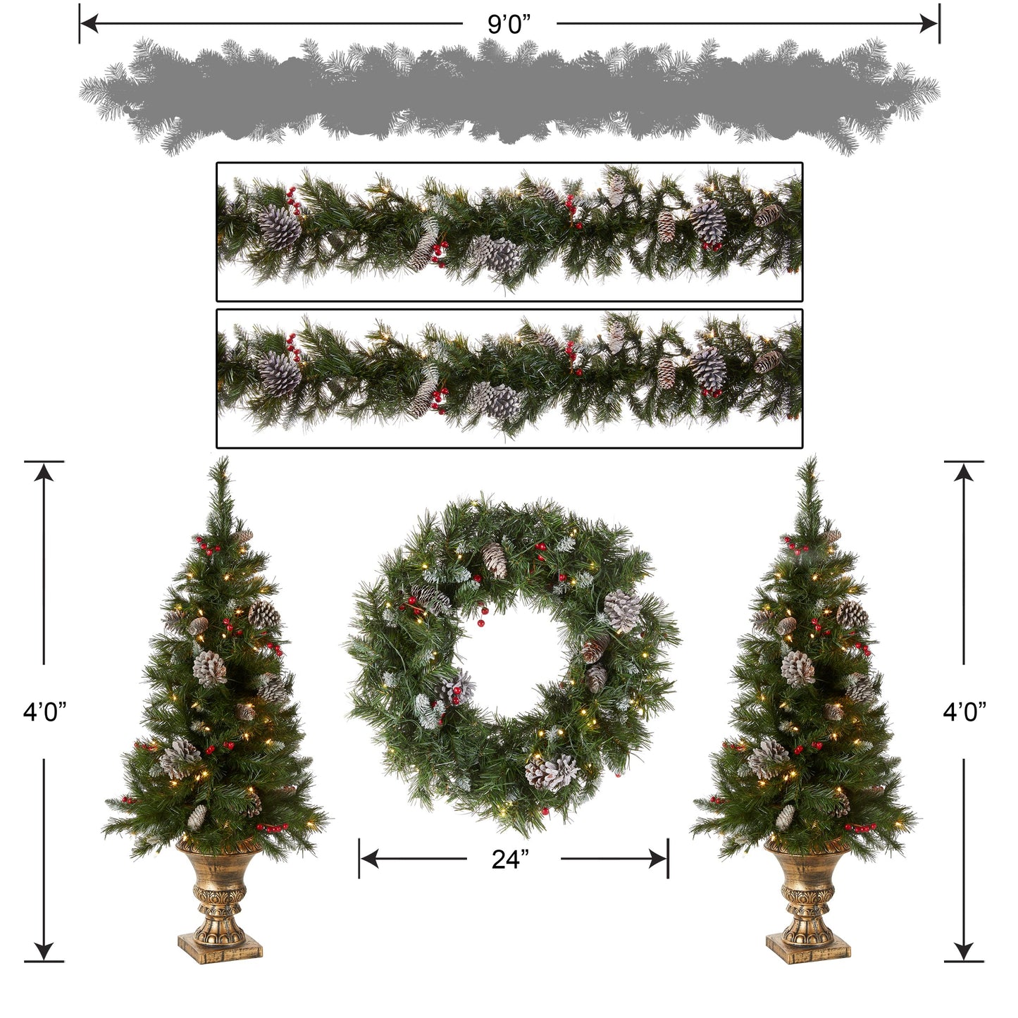 National Tree Company Pre-lit Holiday Christmas 5-Piece Set | Wreath, Set of 2 Entrance Trees and Garlands with White Lights