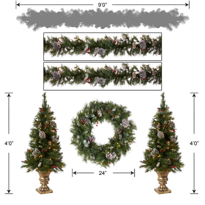 National Tree Company Pre-lit Holiday Christmas 5-Piece Set | Wreath, Set of 2 Entrance Trees and Garlands with White Lights