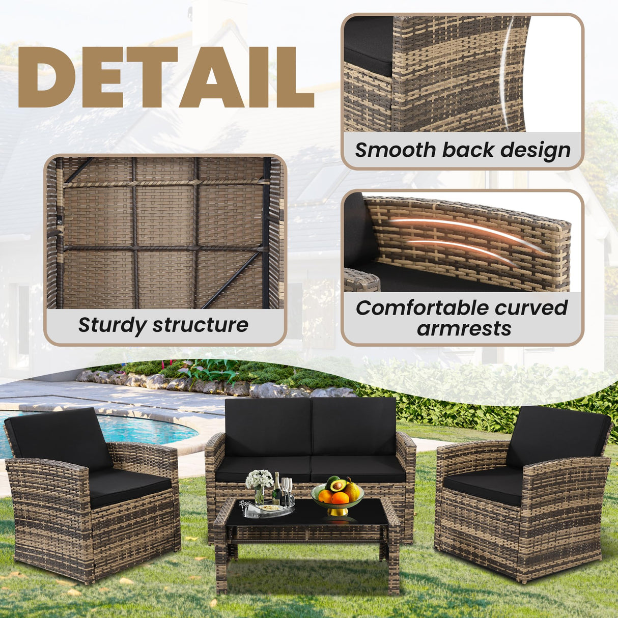 KROFEM 4 Pieces Patio Conversation Set, Outside Rattan Sectional Sofa, Cushioned Furniture Set, Wicker Sofa Ideal for Garden, Porch, Backyard, Natural Color Rattan and Black Cushion KROFEM