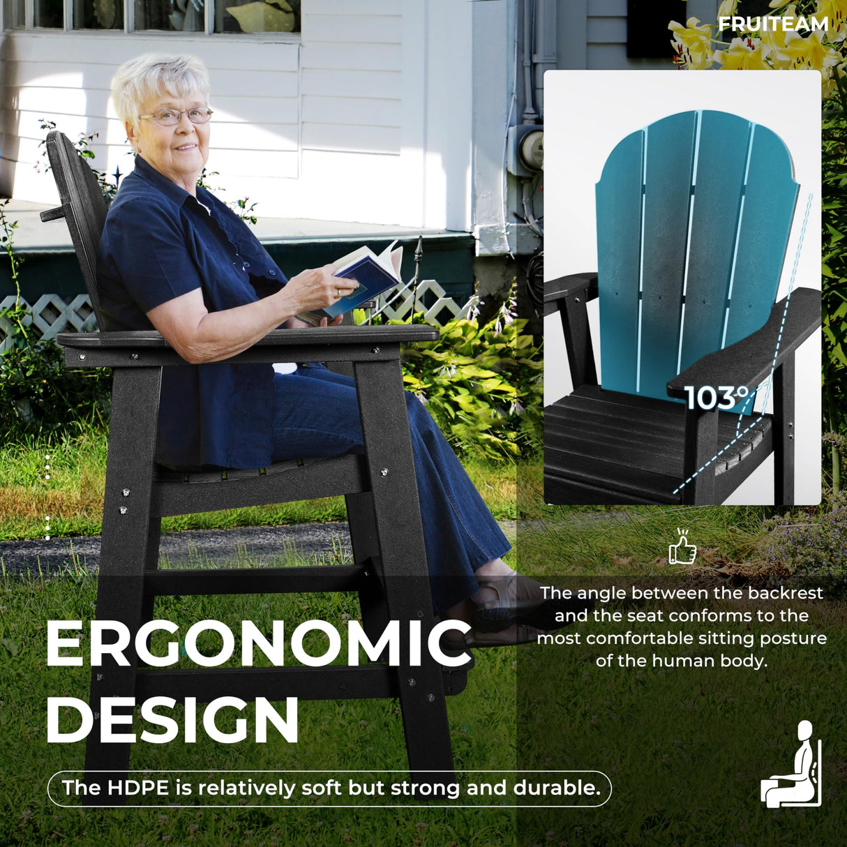 FRUITEAM Tall-Adirondack-Chairs-Set of 2, Outdoor Modern Bar-Height Adirondack Chairs, Double Raised Adirondack Patio Chairs with Removable Connecting Tray, for Pool, Yard, Lawn FRUITEAM