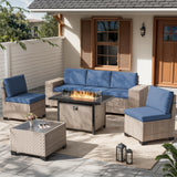 Aukreolis 7 Pieces Patio Furniture Set with Fire Pit Table, Outdoor Sectional Wicker Sofa with Thickened Cushions and Coffee Table, High Back Rattan Patio Conversation Sets, Navy Aukreolis