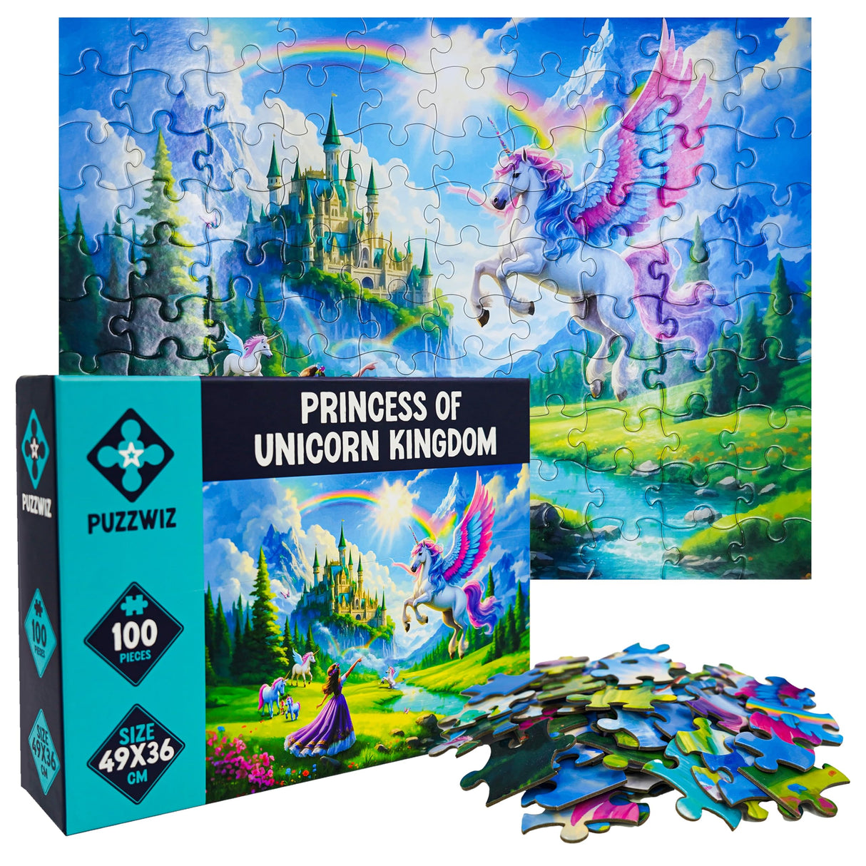 Princess of Unicorn Kingdom 100 Piece Puzzle + Bonus 16 Stickers for Kids 4-8 8-10 - Puzzles for Children and Adults - Learning Educational Toys Birthday Gifts for Girls Jigsaw Puzzles PuzzWiz