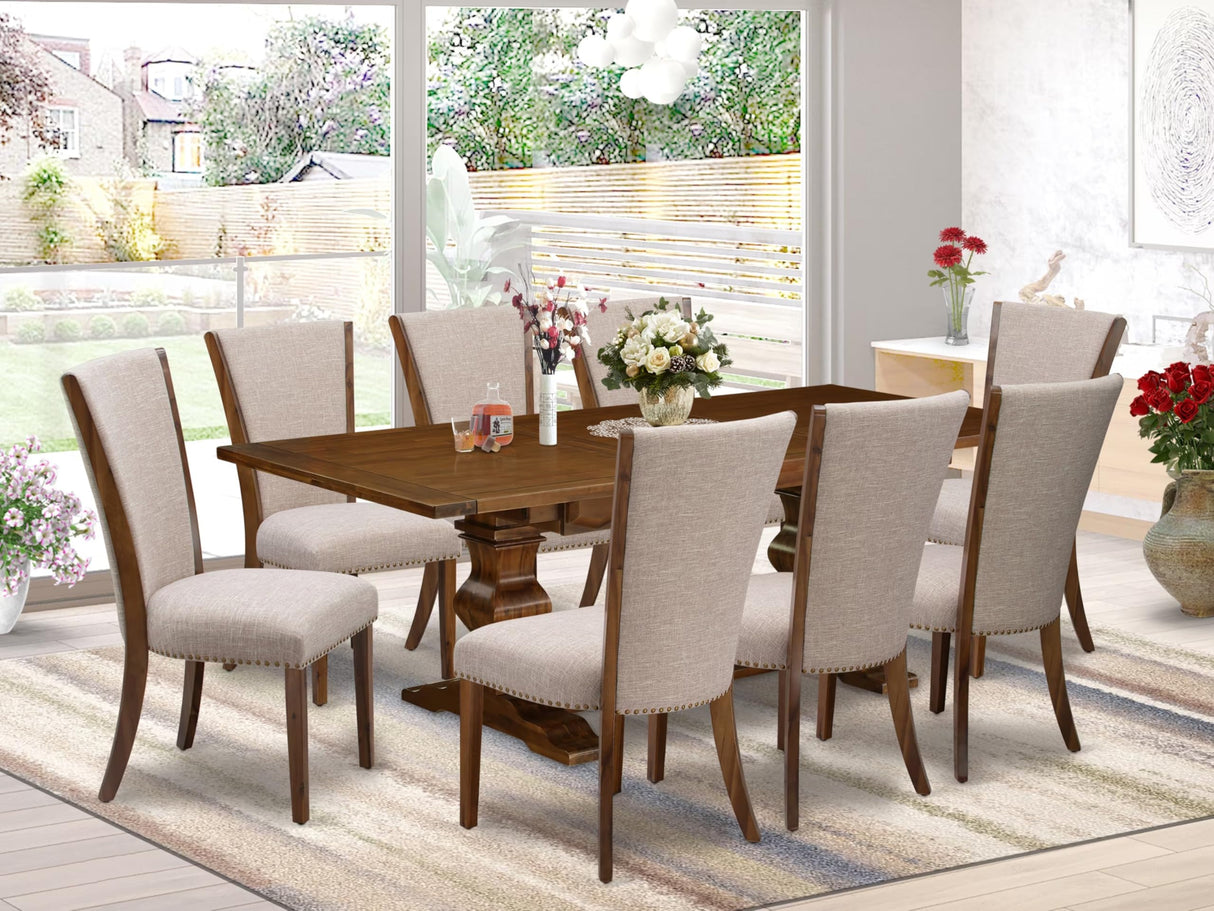 East West Furniture LAVE9-88-04 9 Piece Kitchen Table & Chairs Set Includes a Rectangle Dining Table with Removable Leaf and 8 Light Tan Linen Fabric Parson Chairs, 42x92 Inch, Walnut East West Furniture