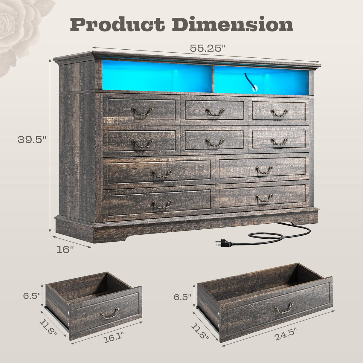 Romorgniz 10 Drawer Dresser for Bedroom, Large Farmhouse Dresser with LED Lights & Charging Station for Bedroom, Rustic Oak Romorgniz