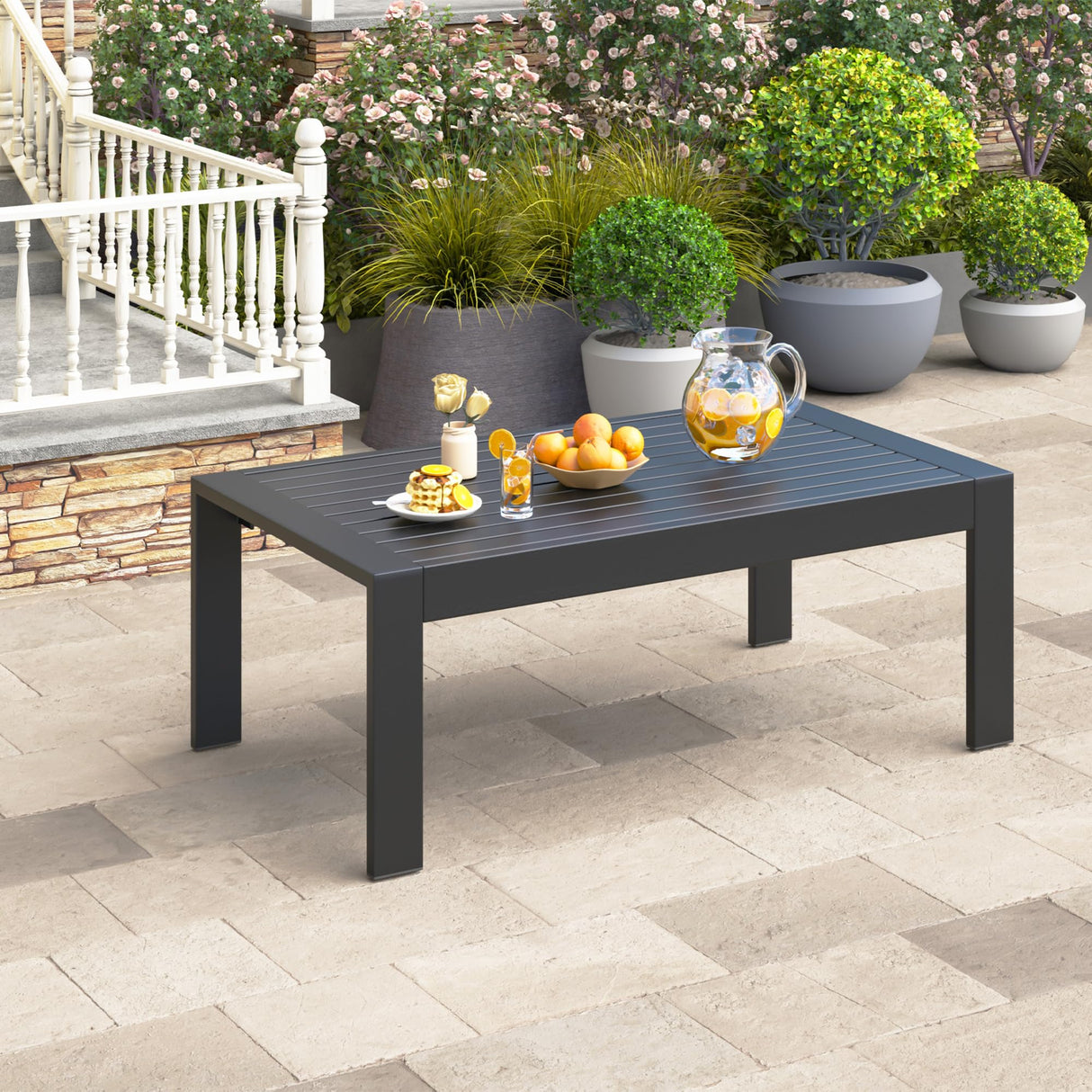 Wisteria Lane Outdoor Furniture Patio Coffee Table, Rectangle Outdoor Coffee Table, All-Weather Patio Metal Coffee Table for Balcony, Garden, Deck, Backyard, Black Wisteria Lane