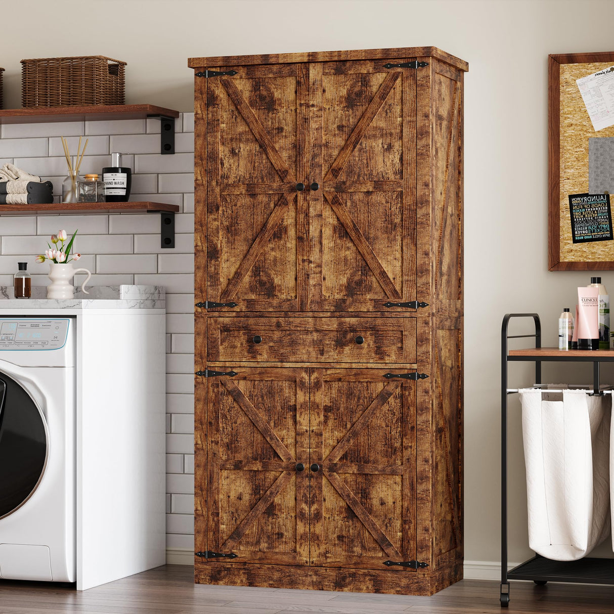 BORNOON Pantry Organizers and Storage Cabinet, 70” Barn Door White Kitchen Cabinet with Drawers and Adjustable Shelf, Tall Pantry for Kitchen, Dining Room, Living Room BORNOON