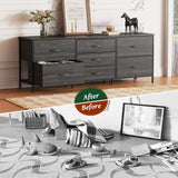 Huuger Dresser for Bedroom, 63 Inch Dresser TV Stand for 55, 65, 70 Inch TV, Long Dresser, Fabric Dresser, TV Stand with 7 Drawers, Dresser for Closet, Clothing, Charcoal Black Wood Grain Print Huuger