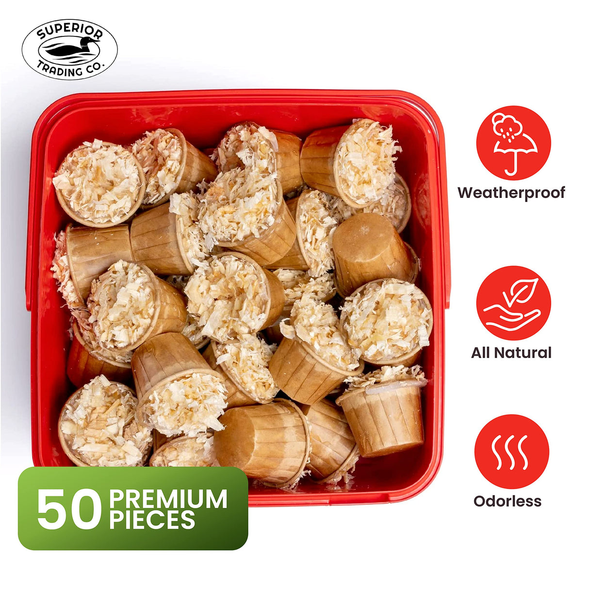 Superior Trading Fire Starter Pods in Plastic Bucket - Fire Starters for Campfires, BBQ, Grill, Pit, Wood Stove & Charcoal Starter, 15-20-Min Burn, 50 Extra Large Pods, USA Made, Brown, 3 Lbs Superior Trading Co.