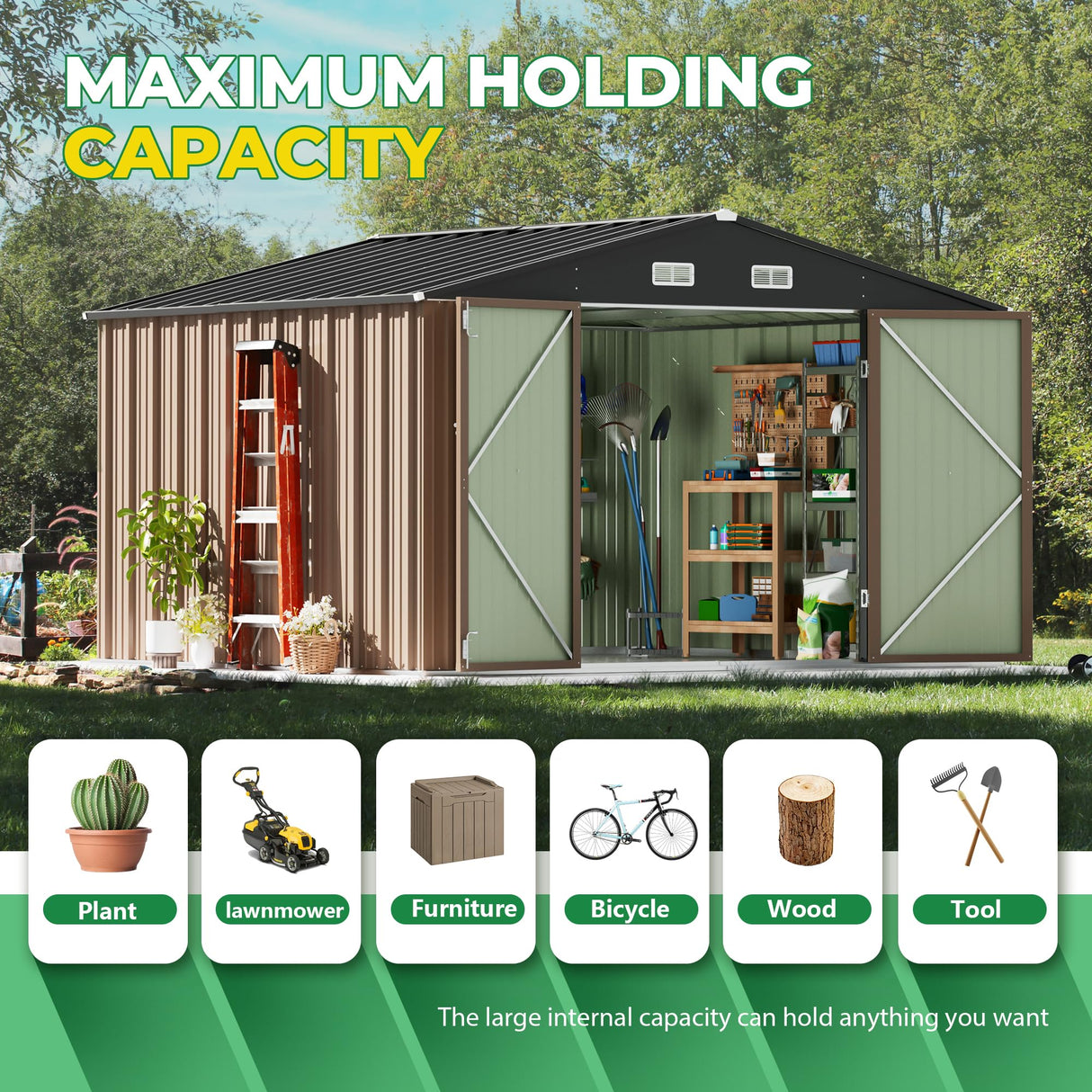 Devoko 8 x 10 FT Outdoor Storage Shed, Metal Garden Sheds & Outdoor Storage Clearance, Large Tool Shed Outdoor with Single Lockable Door for Patio Lawn Backyard (Brown) Devoko