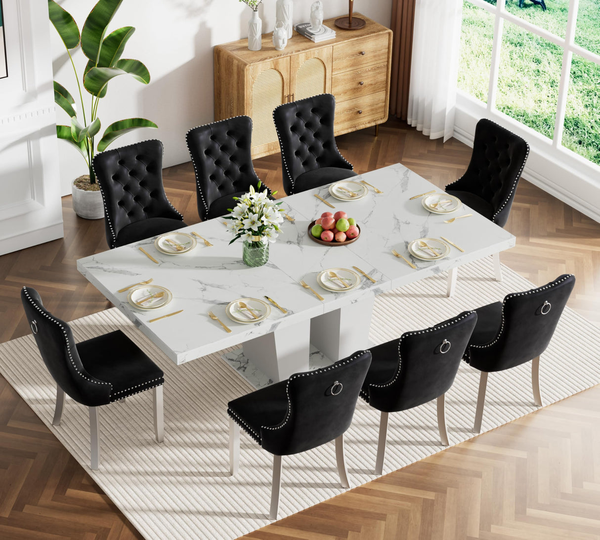 Henf 9 Pieces Extendable Dining Table Set for 8, 63"-79" White Marble Grain Extendable Kitchen Table Set w/8 Black Tufted Chairs,Mid-Century Modern Expandable Wood Dining Room Tables Set for 8 Henf