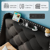 iPormis Twin Bed Frame with 16" Comfort Wingback & Charging Station, Upholstered Platform Bed with Button Tufted Storage Headboard, Solid Wood Slats Support, No Box Spring Needed, Black iPormis