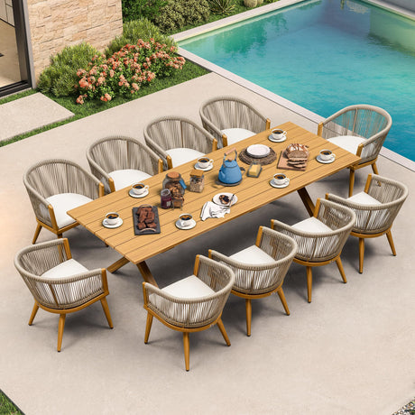 PURPLE LEAF Outdoor Dining Set for 10 All-Weather Aluminum 11 Piece Furniture Sets with Woodgrain Table and Rope Weave Chairs Included Cushions for Backyard Indoor Decor Kitchen Patio Set Teak Color PURPLE LEAF