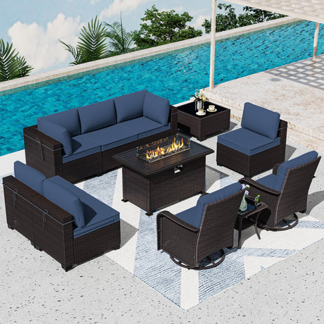 ASJMR 11 Pieces Patio Furniture Set with 2 Swivel Chairs Patio Furniture Outdoor Sectional Sofas with 55000 Gas Fire Pit Patio Conversation Set w/7 Cushions ASJMR