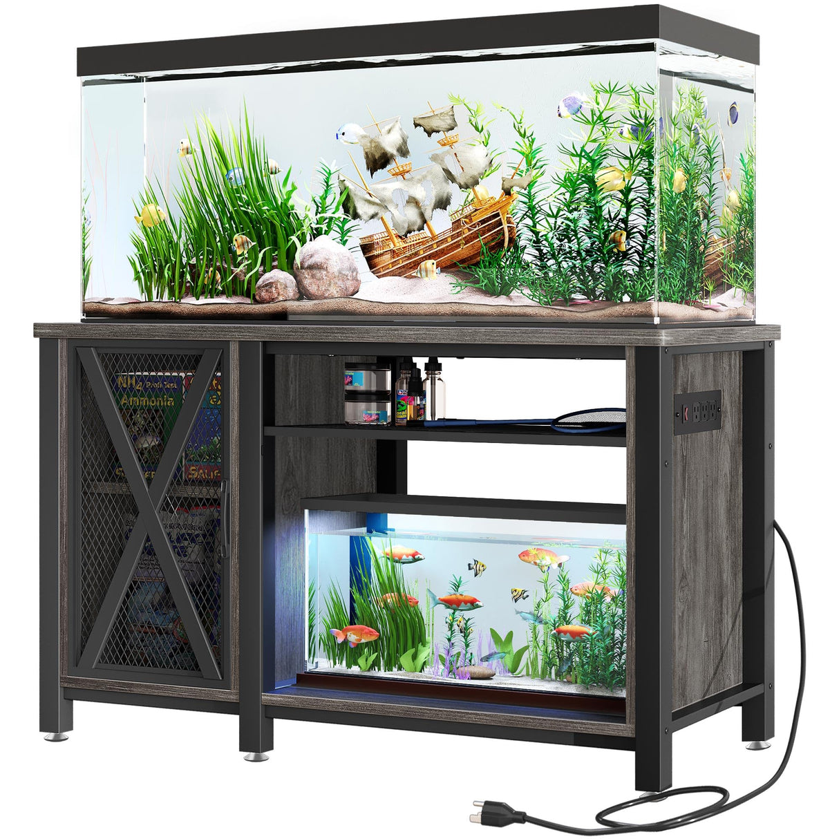 DWVO 55-75 Gallon Aquarium Stand with Power Outlets, Cabinet for Fish Tank Accessories Storage - Heavy Duty Metal Fish Tank Stand Suitable for Turtle Tank, Reptile Terrarium, 860LBS Capacity, Grey DWVO