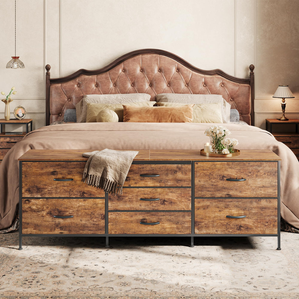 Huuger Dresser for Bedroom, 63 Inch TV Stand for 55, 65, 70 Inch TV, Long Fabric Dresser with 7 Drawers, Chest of Drawers for Storage, Closet, Clothing, Rustic Brown Huuger