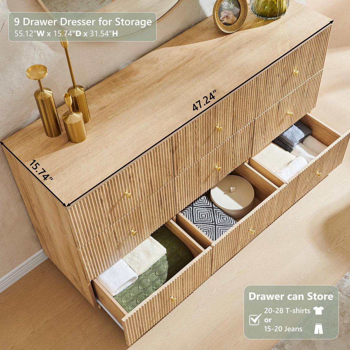 wow97e Fluted Dresser for Bedroom, 55" W 9 Drawer Dressers, Wood Tall Dresser Storage Organizer, Modern Bedroom Chest of Drawers with Deep Storage for Closet Hallway, Entryway, Living Room Natural wow97e