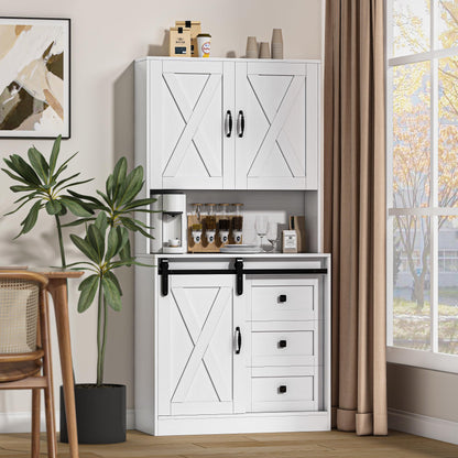 wanan Pantry Cabinet with Sliding Barn Door, 64.5'' Kitchen Pantry with 3 Drawers & 4 Shelves, Farmhouse Kitchen Hutch for Living Room, Bathroom and Dinning Room, White - WoodArtSupply