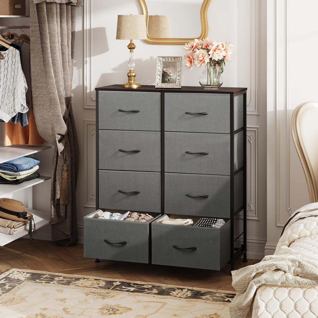 WLIVE Fabric Dresser for Bedroom, Tall Dresser with 8 Drawers, Storage Tower with Fabric Bins, Double Dresser, Chest of Drawers for Closet, Living Room, Hallway, Dark Gray WLIVE