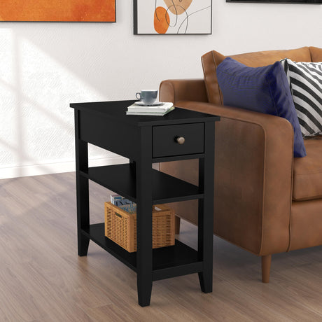 ChooChoo Side Table Living Room, Narrow End Table with Drawer and Shelf, 3-Tier Sofa End Table for Small Space, Black ChooChoo