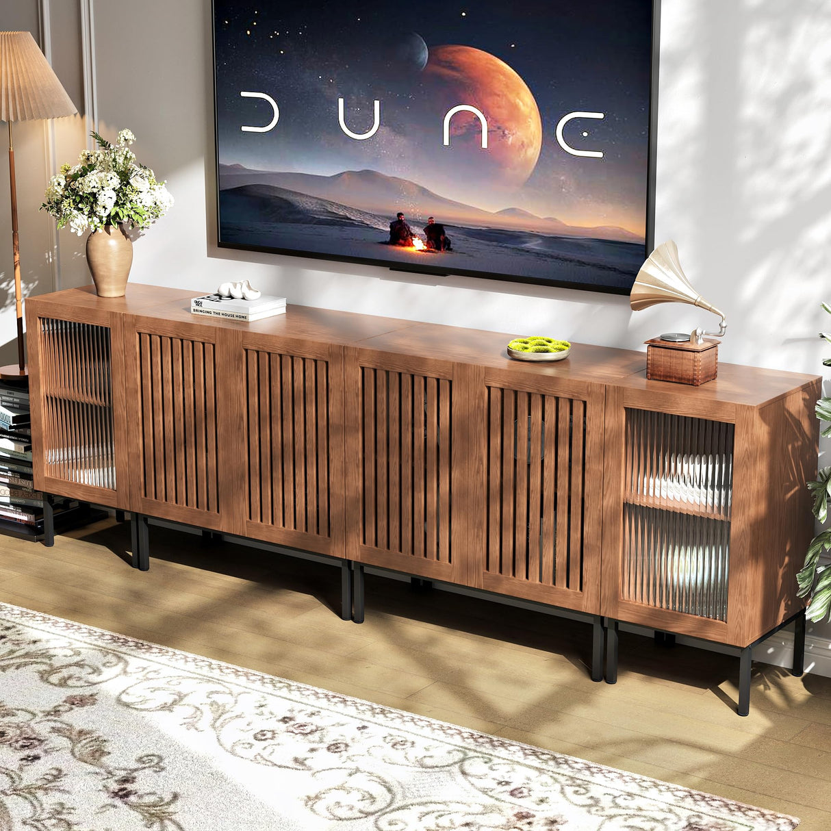 REPHRITE TV Stand 95" Farmhouse Entertainment Center with Storage Cabinets, TV Console with Glass Doors and Adjustable Shelves, for Living Room,Home Office, Brown REPHRITE